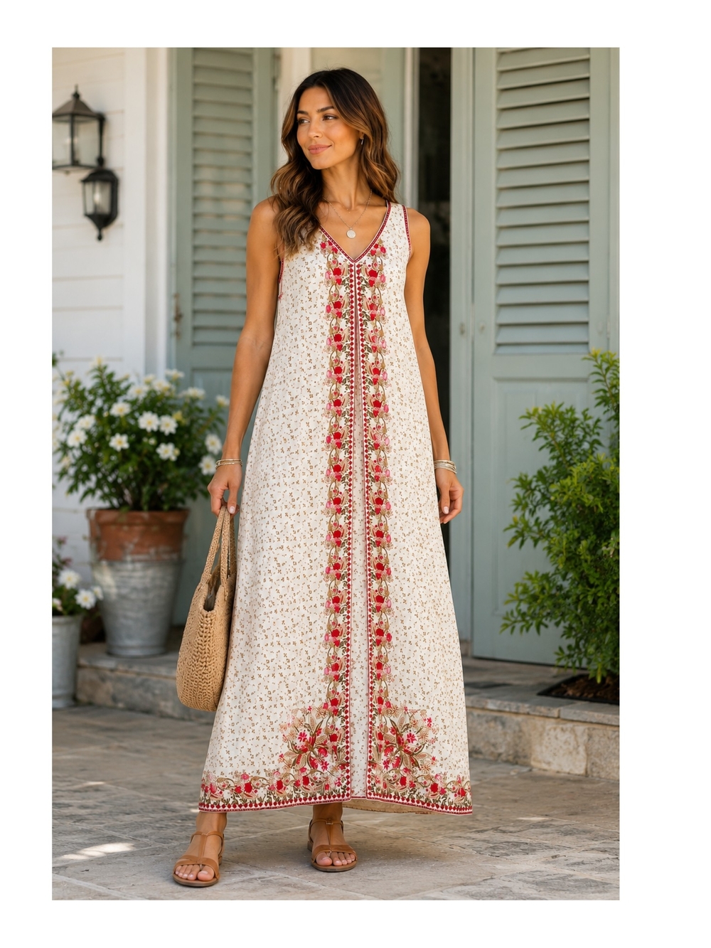 Max Studio London Ivory Red Floral Boho Cottagecore Maxi Dress Large NWT